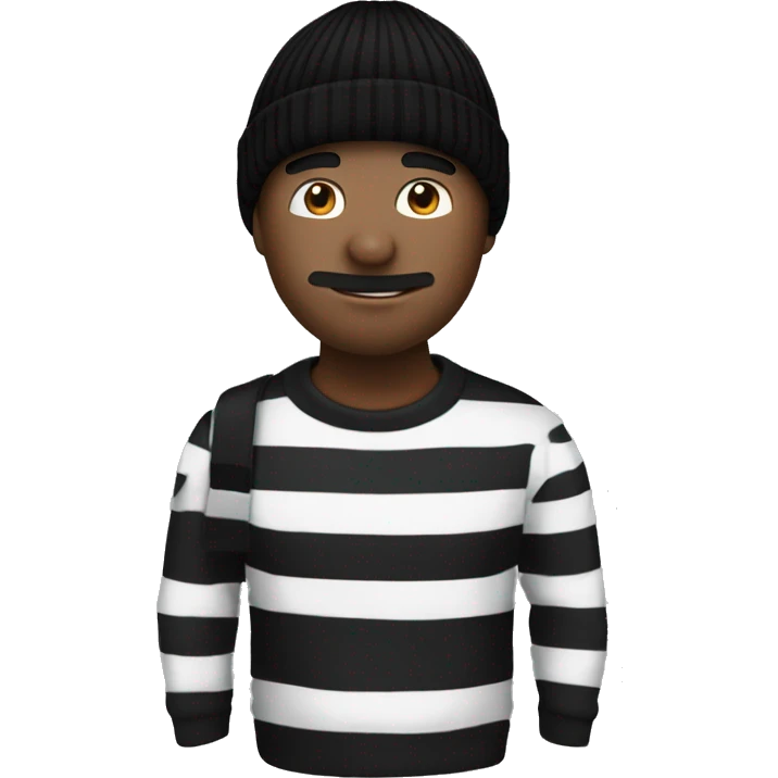 Man who has a black beanie, money back over his right shoulder, black mask that goes across his eyes and a black and white striped shirt. emoji