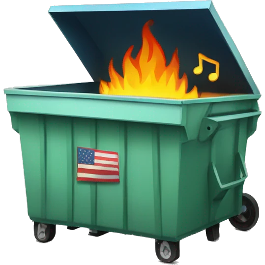 Dumpster fire and music notes and American flag emoji