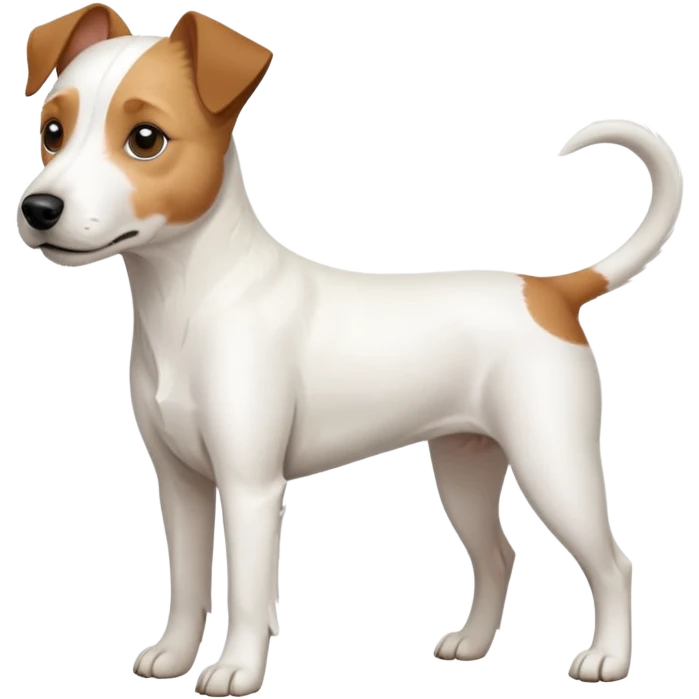a full body white parson russell looking dog the size of a kelpie with light brown ears and a light brown patch on one eye and a large snout emoji