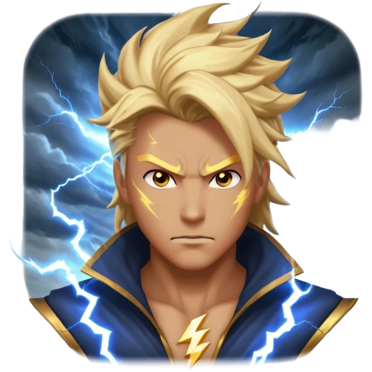 storm rider portrait, head and shoulders only, wind-swept hair, crackling lightning aura, storm clouds swirling behind, intense glowing eyes, epic fantasy vibe, 3D cartoon, mobile game icon style, clean background, no text, no watermark
 emoji
