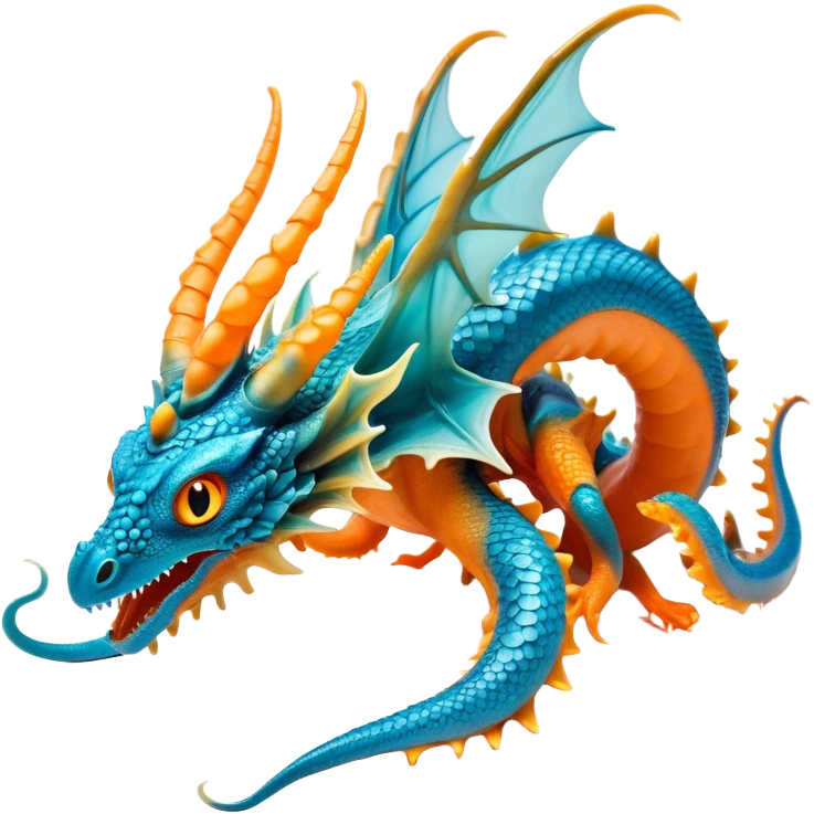 This creature is a fascinating hybrid of dragon and cephalopod features. Its body has a sleek, scaled blue torso resembling a dragon, but instead of hind legs, it has six powerful orange tentacles with light-colored suction cups. The creature has a dragon-like head with a teal/turquoise coloration and subtle circular patterns, featuring large, intelligent yellow-orange eyes. Two draconic horns curve from its head, and it has a short snout with a slight smile. Along its back runs a line of orange-gold spines, and it possesses two impressive wings with light blue membranes supported by orange spines in a sunburst pattern. The creature has two draconic front limbs with sharp claws, while its tentacles provide both mobility and grasping ability. The striking contrast between the blue-teal upper body and vibrant orange tentacles and accents creates a visually stunning aquatic dragon-octopus hybrid. emoji