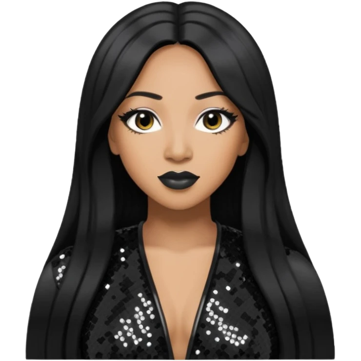 Taj from SWV with long black hair, black sequin outfit emoji