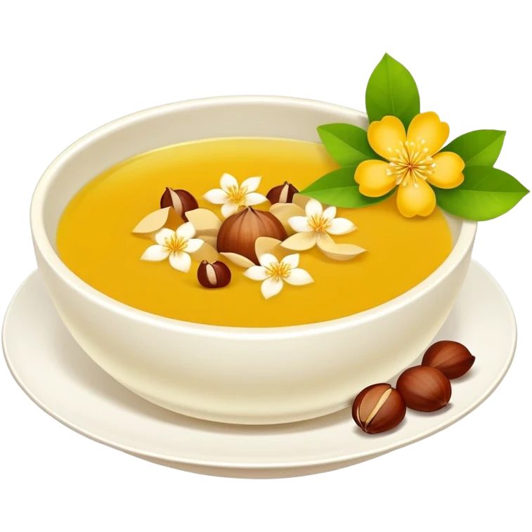 Hangzhou Osmanthus Cassia Soup with chestnuts and flower petals, simplified emoji style with bold outlines and bright colors, cartoon style fragrant dessert bowl emoji