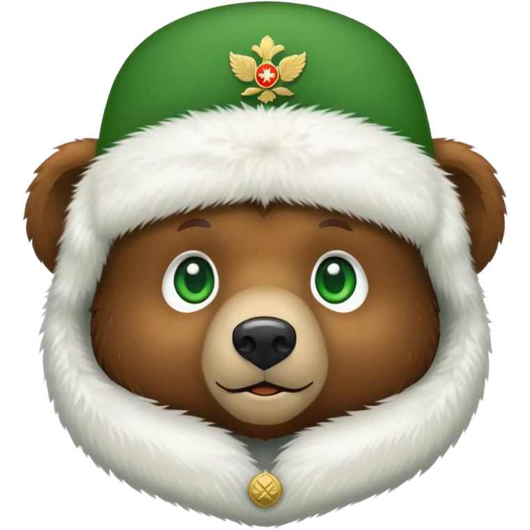 Adorable brown bear with green eyes, white furry ushanka with clear Russian Federation emblem centered on front, minimalist iOS emoji style emoji