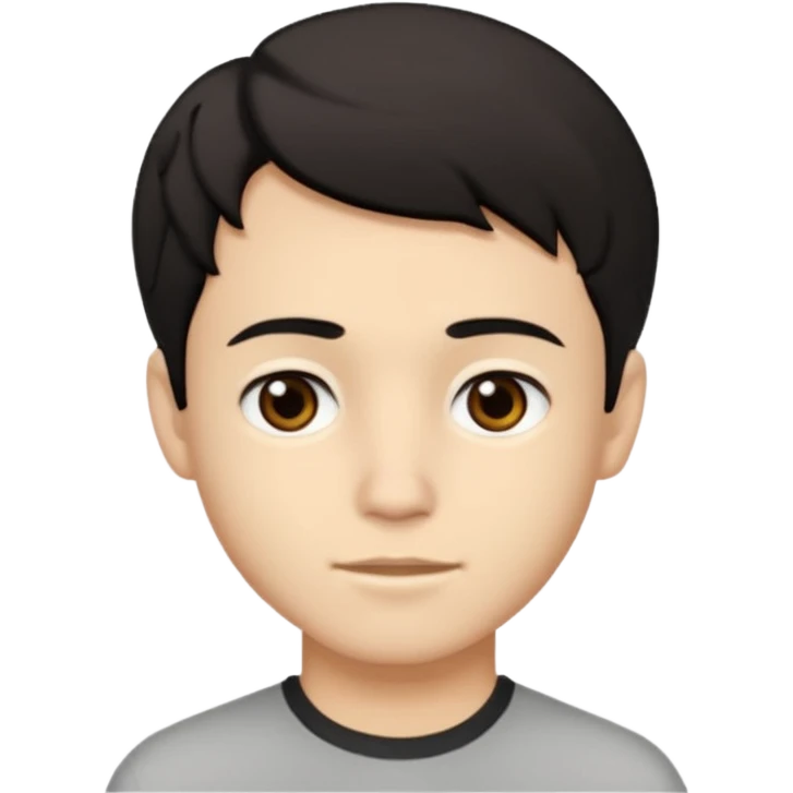 A young man with light skin tone, short wavy black hair parted to the side, large brown eyes, and a neutral expression with a small closed-mouth smile. emoji