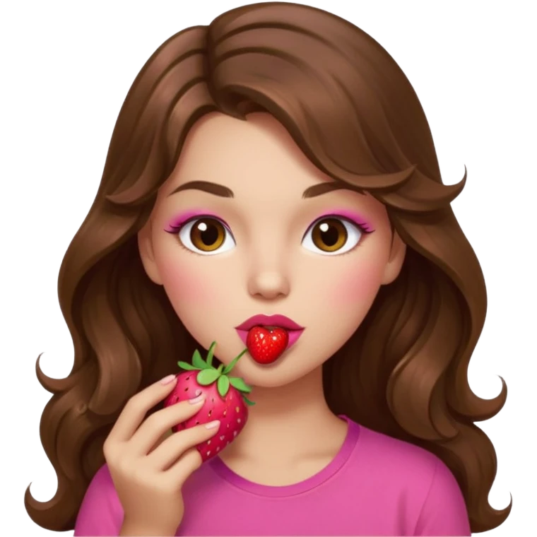 girl with long wavy brown hair, brown eyes, light to medium complexion, in a pink shirt, pink lips, long lashes, sexy , puckering lips kissing, blushing, eating a strawberry sexy emoji