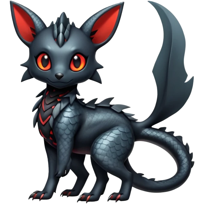 Shiny Dark Cute Majestic Sophisticated Modern Gothic Gloomy Futuristic Scaly Cyber-Salandit-Umbreon-Litten-Hybrid (Full body) emoji