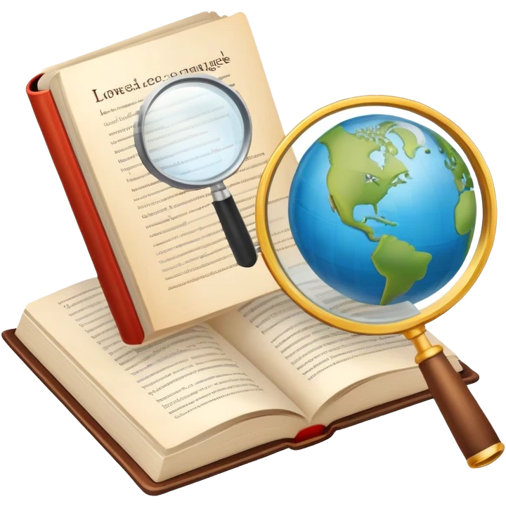 An icon featuring an open book, a speech bubble, and a magnifying glass, symbolizing the study of language and linguistics. The design includes letters, words, and a globe, representing the analysis of languages and communication across cultures. Transparent background. emoji