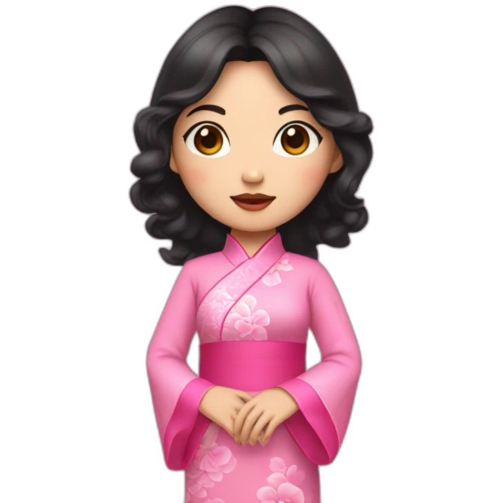 asian girl with fair lips, wavy black hair posing with pink ao dai full body emoji