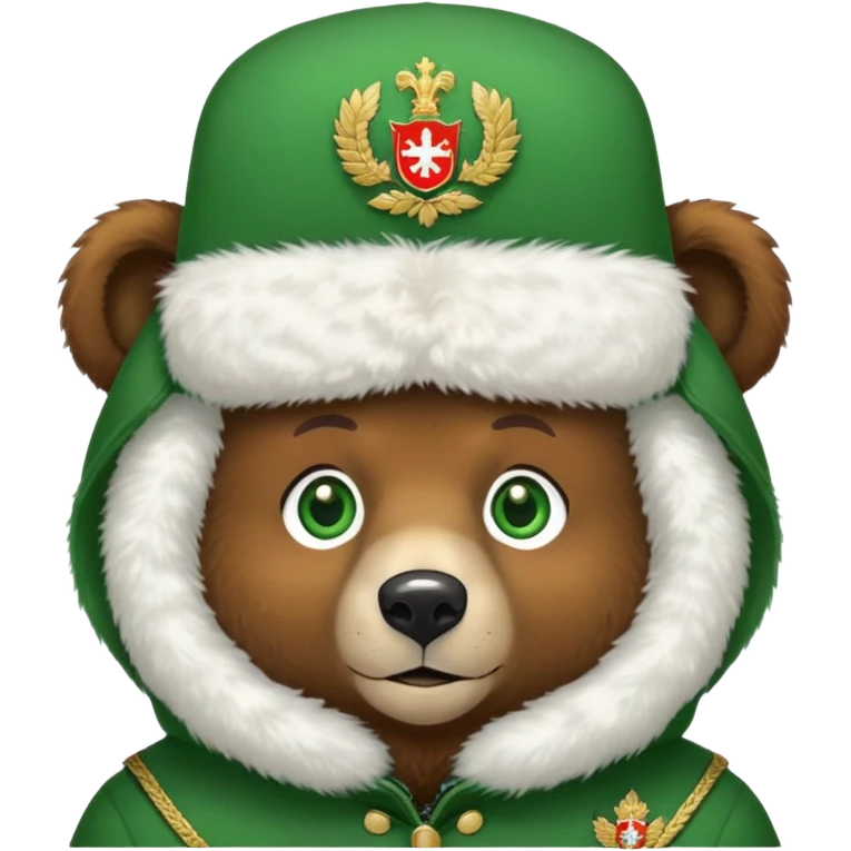 Sweet brown bear face with green eyes, white fluffy ushanka hat with very visible Russian Federation coat of arms in center, iOS emoji style emoji