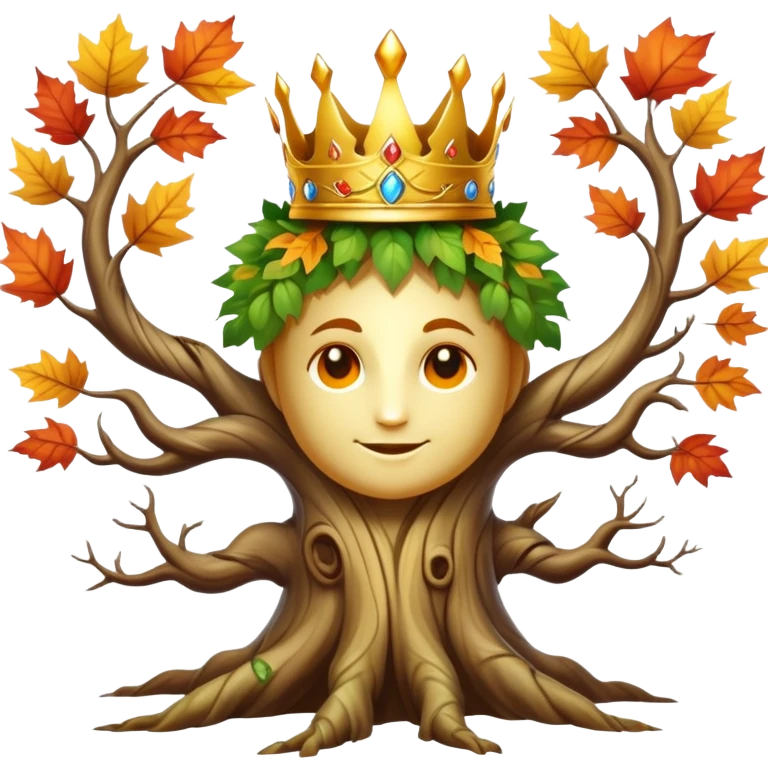Create a mystical forest guardian with the ancient wisdom of a sentient tree whose twisted trunk supports a crown of vibrant autumn foliage surrounding a cheerful, sun-like face that blooms with seasonal energy.


 emoji