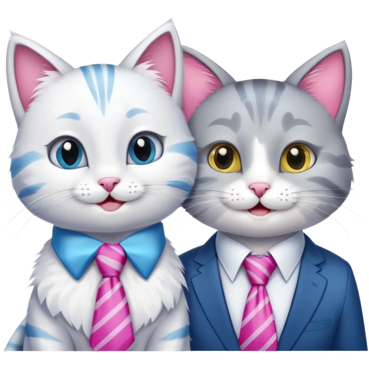 happy girl cat with bow and eyelashes wearing a bright necktie next to happy boy cat wearing a striped necktie, both cats smiling together emoji