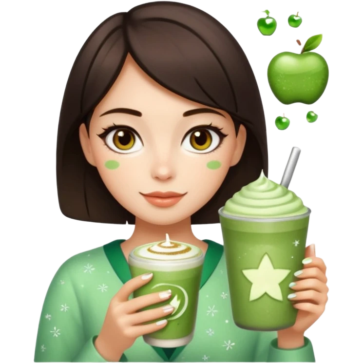 square framed profile picture of a girl with short dark brown hair and brown eyes, holding a matcha latte, with sparkles, skincare, and makeup elements, apple emoji style emoji