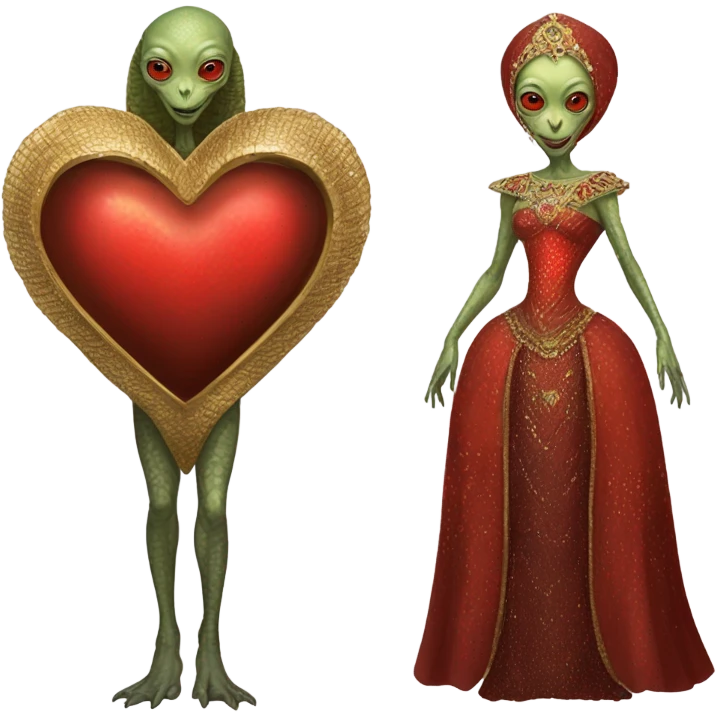 a Reptilian alien woman full body in Romanov dress, holding big red heart emoji