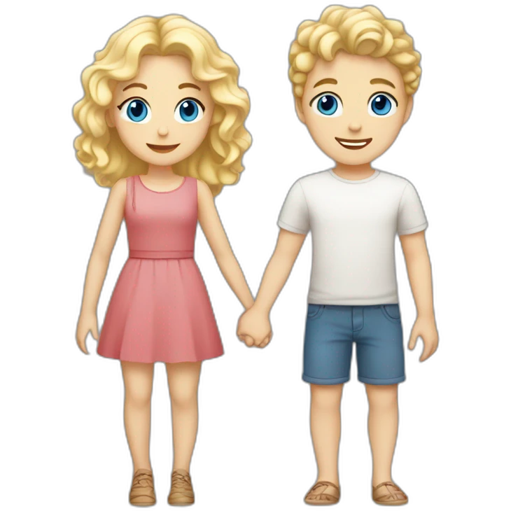 Girl with blonde wavy hair and blue eyes holding hands with blonde short haired boy with white skin and brown eyes emoji