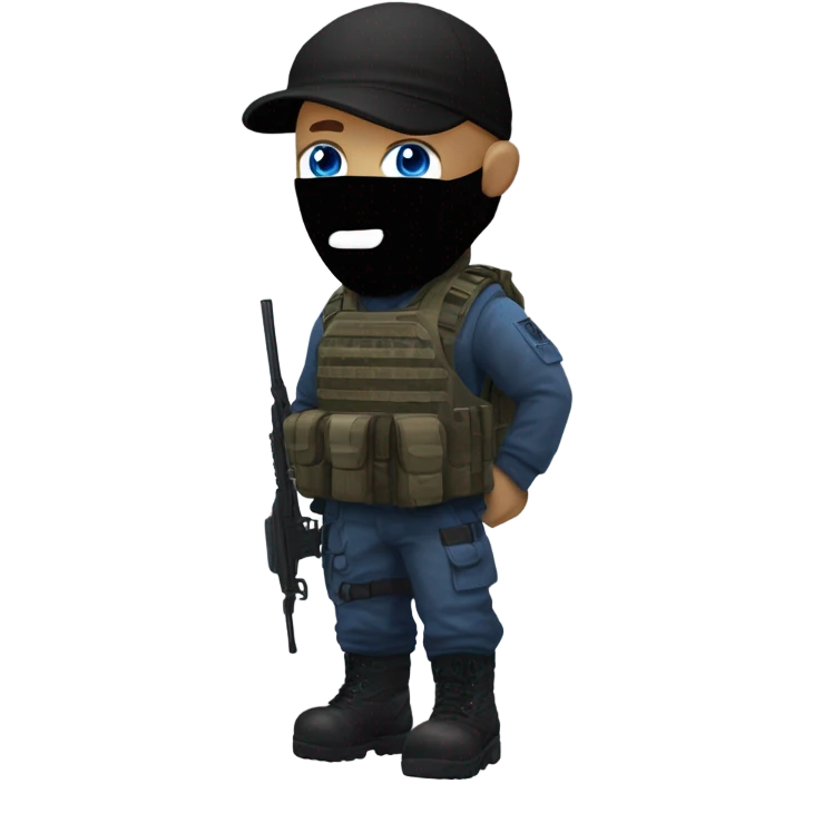male, pale skin, call of duty black face mask, camo tactical gear, combat boots, black beanie, blue eyes emoji