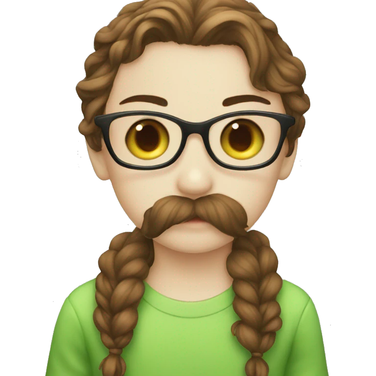 A boy with brown hair and a mustache is kissing a green haired girl wearing glasses emoji