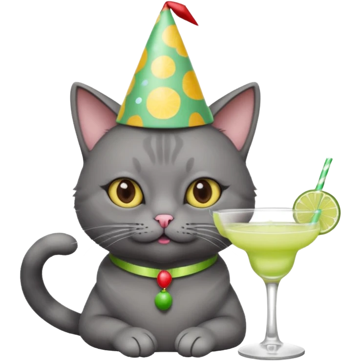 A dark grey cat is wearing a party hat, and drinking a margarita. emoji