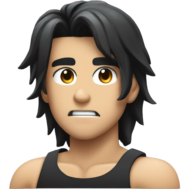 Create an emoji of a muscular anime character in profile view, with a serious expression, black hair, wearing a tight black t-shirt, and showcasing defined muscles. The background should be a simple light grey circle. emoji