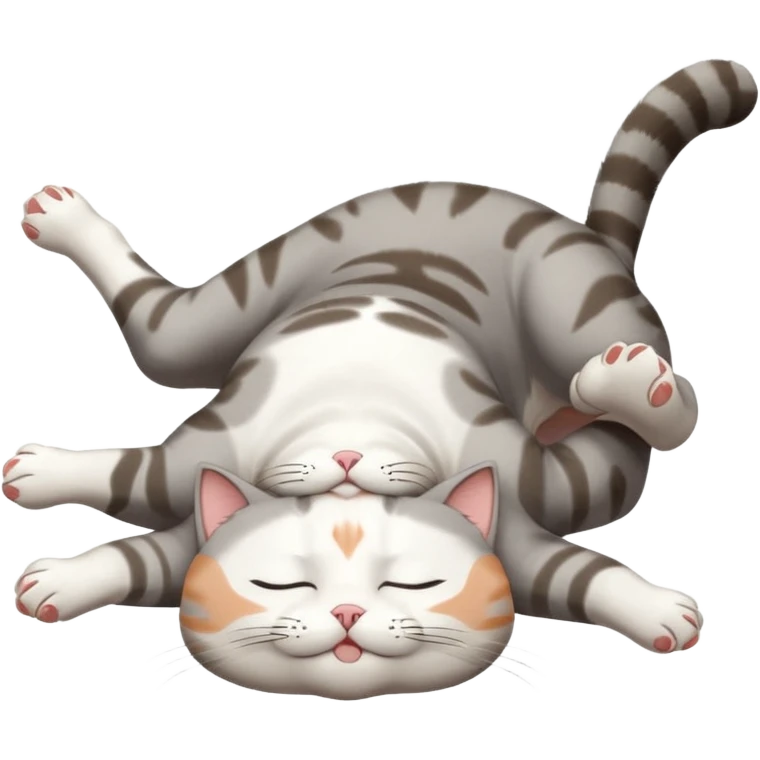 grey and white small cat with eyes closed lying down upside down with paws stretched out straight vertically  emoji