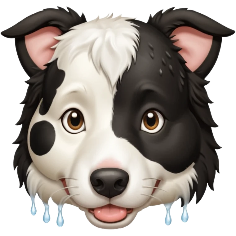 A black and white border collie has the hoof of a cow in her mouth. emoji