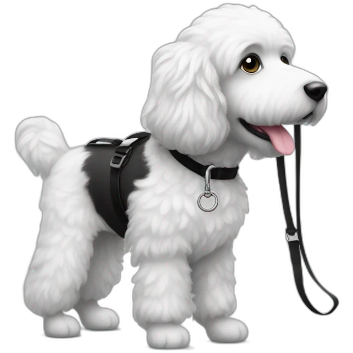 side profile medium sized fluffy black and white doodle on a leash going for a walk emoji