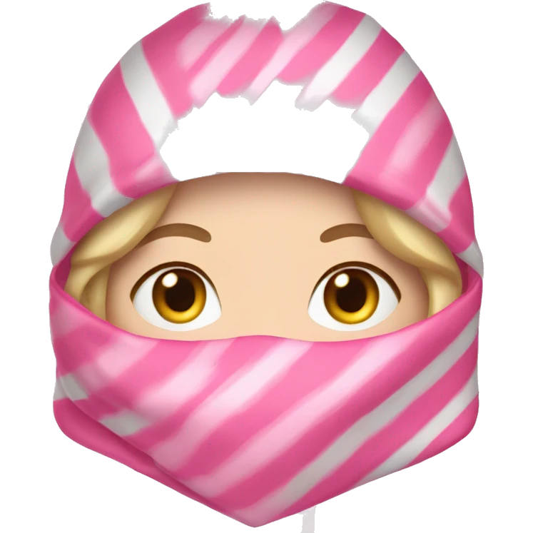 White girl wearing pink white striped heart baclava over face  emoji