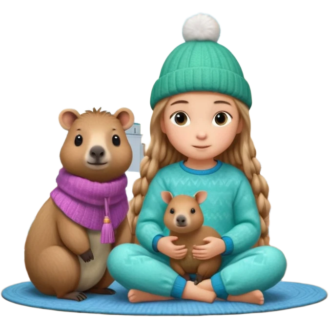 A cute 11-year-old girl with light brown braids in front, wearing emerald green cozy sweater and blue pajama pants, sitting with a fluffy capybara wearing a tiny knitted hat, warm pastel illustration style, soft lighting, Moscow Kremlin spire visible through window in background, 3D render emoji