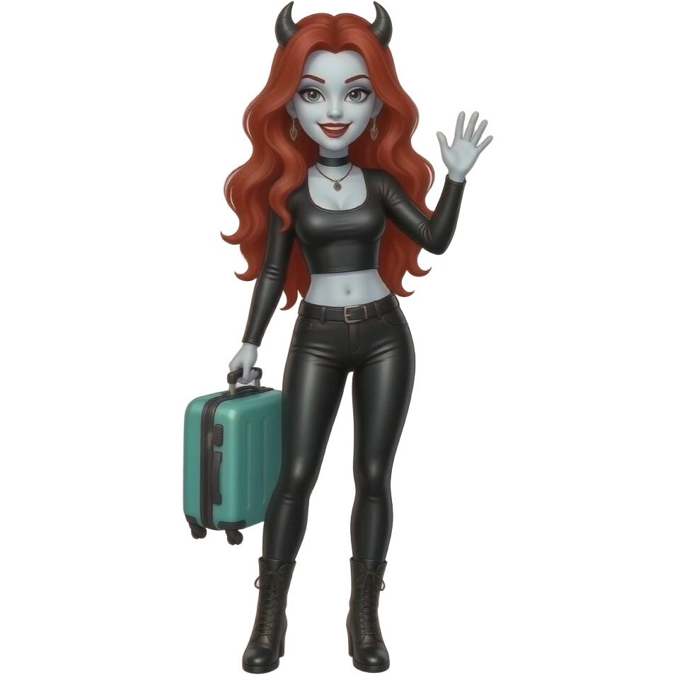 Vampiro femmina  con capelli lunghi rossi ondulati con pelle bianca che indossa degli stivali neri stretti dei leggins di pelle nera e un top corto con maniche lunghe e strette nero che tiene una valigia verde acqua che saluta emoji