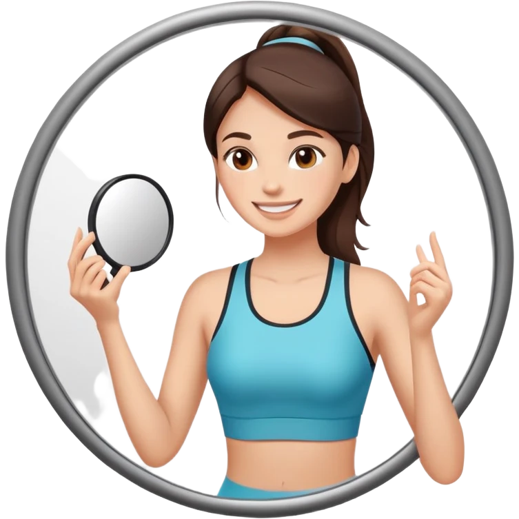  brunette woman in sport clothes looking in the mirror and smiling emoji
