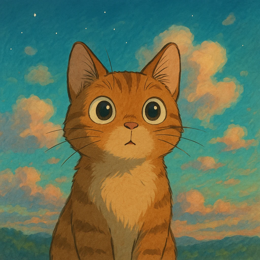 a curious cat with big eyes and a dreamy background in Ghibli style emoji