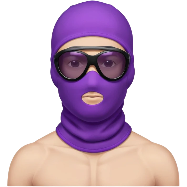 shirtless athletic man with white skin, wearing a purple balaclava face mask and purple sunglasses with black tinted lenses emoji