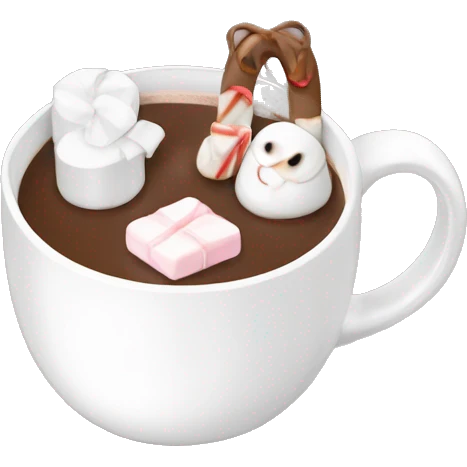 White mug with bows on it with hot chocolate and marshmallows inside emoji