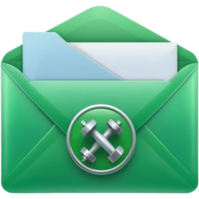 A simple emoji-style icon of a transparent green plastic gym logo, folder envelope, slightly open, with clean edges, soft shine, and subtle shading, conveying fitness organization and active lifestyle. emoji