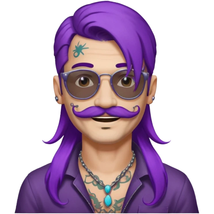  long purple haired man, mustached and face tattoes, handsome, sunglassess wearing emoji