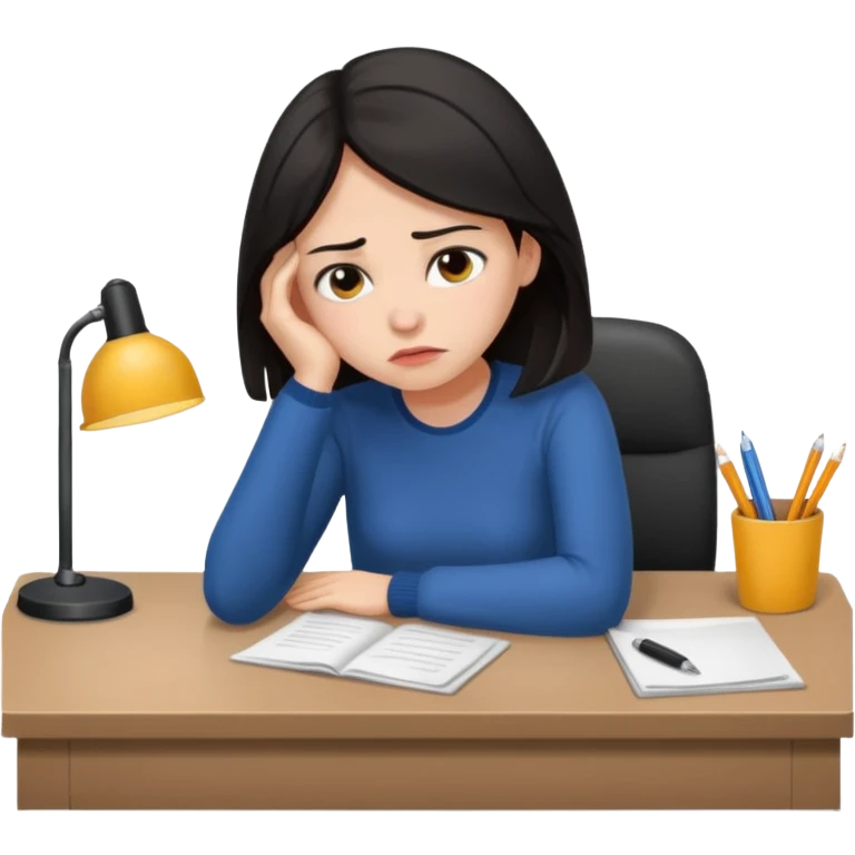  iOS emoji style - An sad and overwhelmed woman sitting at a desk. She has dark hair. emoji