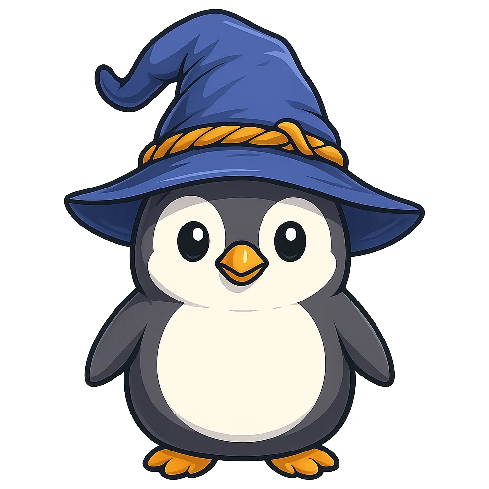 A penguin wizard with a different, unique wizard hat in the style of sticker (cartoonish stickers). emoji