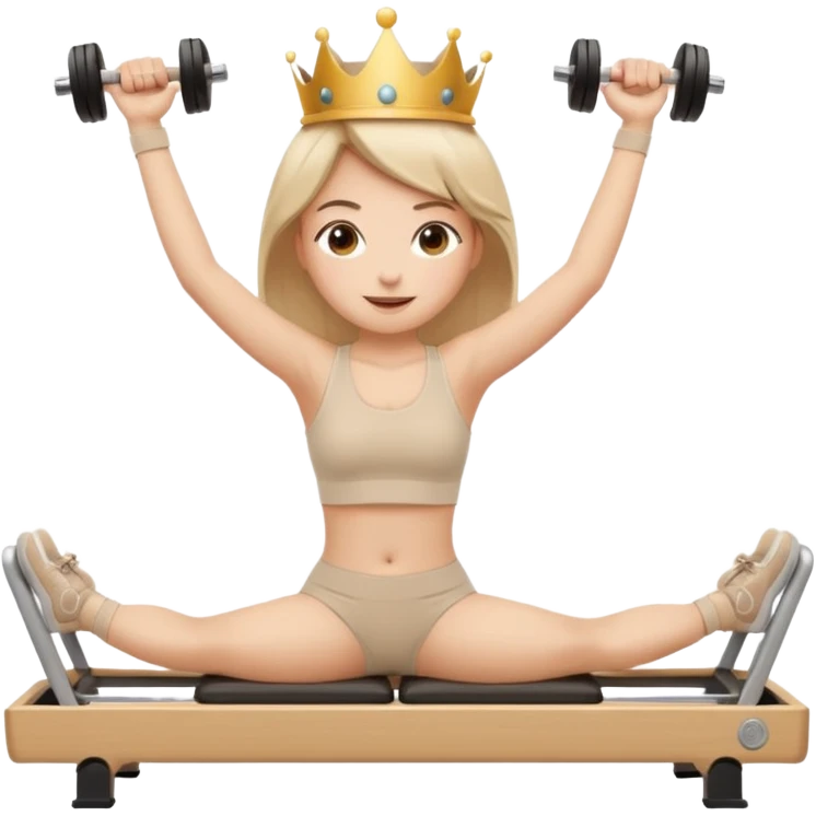 Sticker emoji of a girl doing Pilates arm exercises on a reformer, holding light dumbbells. Small crown, happy expression, beige outfit. Kawaii proportions, white outline, transparent background. emoji