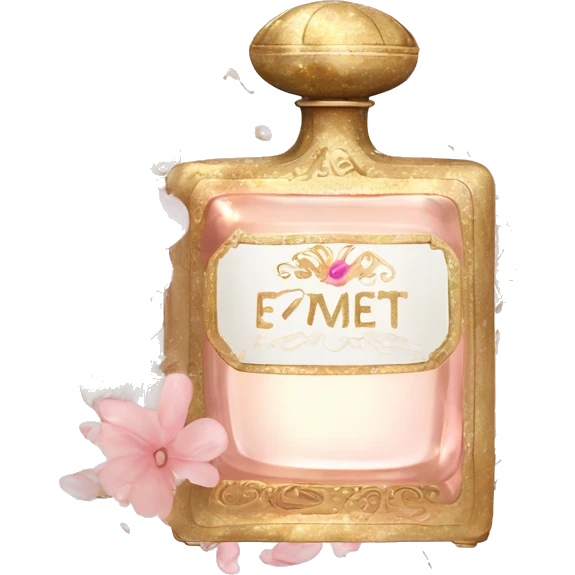 Vintage perfume bottle in antique Greek style, white, pink and beige, oil perfume inside, sequins and flowers fluttering around emoji