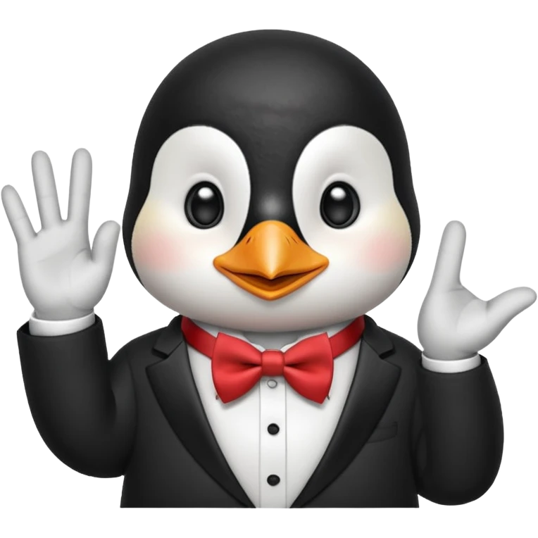 Un pinguino con una pajarita roja haciendo el gesto con la mano abierta de cumplir una promesa emoji
