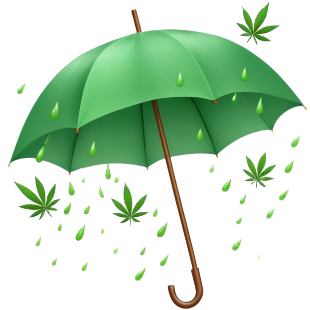 Candy raining from the sky with an umbrella and a cannabis leaf emoji