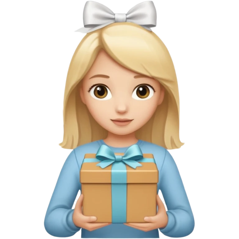 сгенерируй светловолосую девушку, держащую светло-коричневую подарочную коробку с бантиком emoji