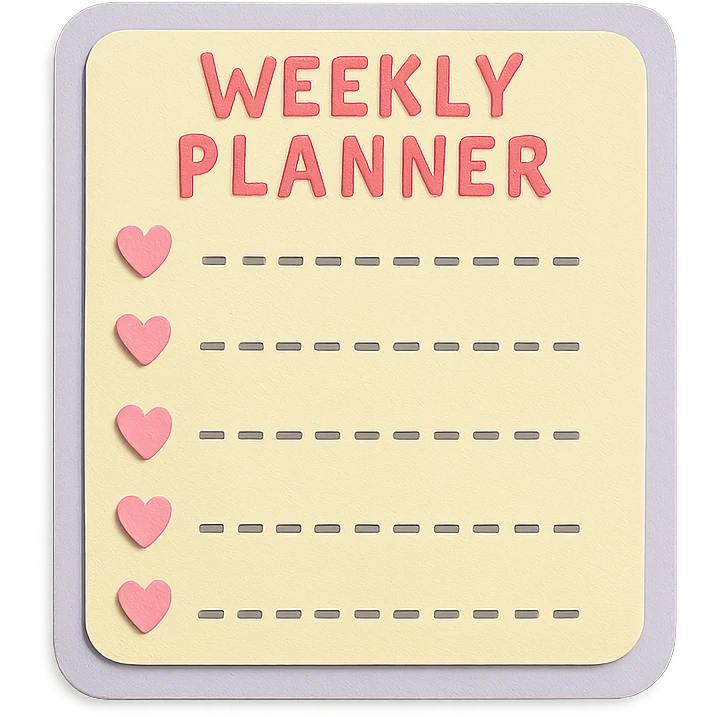 soft pastel kawaii weekly planner box with delicate dotted lines and tiny heart icons emoji