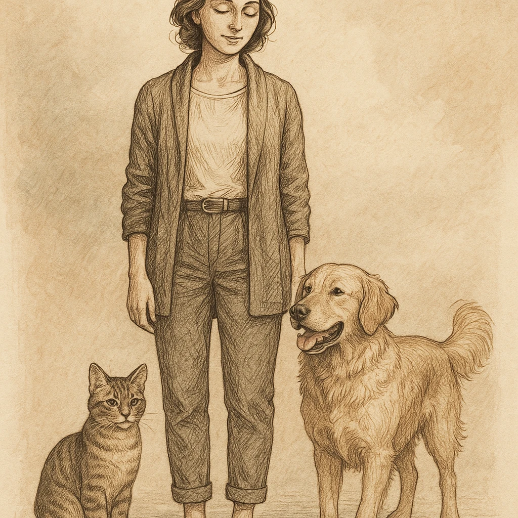 a woman standing with a cat and a dog near her on the right side, in a detailed and artistic illustration style emoji