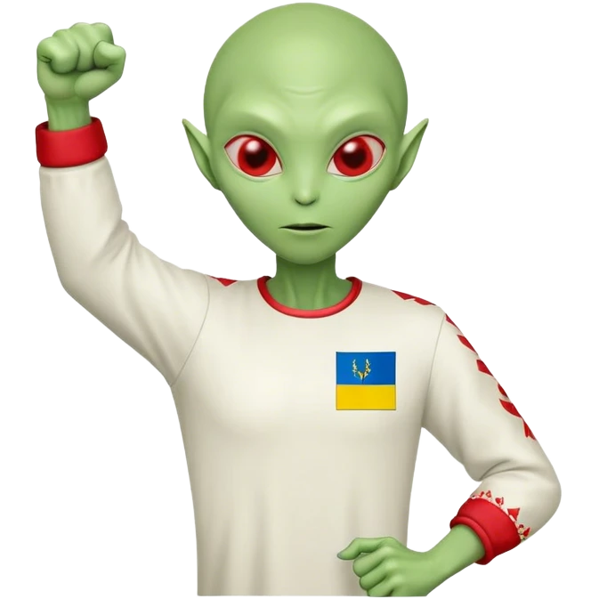 Green alien in Shirt 👚 vyshyvanka, white with red embodiary on sleeved, with 🇺🇦 Ukraine flag in a hand and 💪 emoji