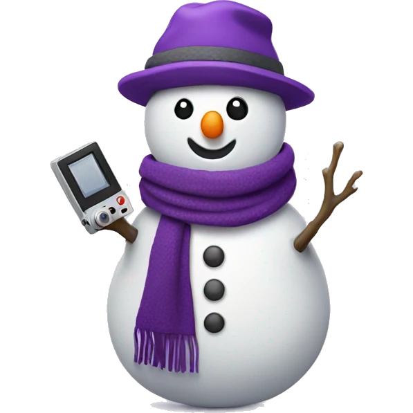 cute snowman with a purple hat and purple scarf holding a camera  emoji