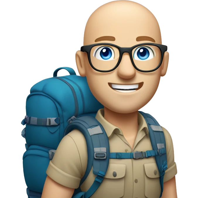 Bald man with glasses pale skin buff muscles blue eyes with a large backpacking backpack on with hiking poles emoji