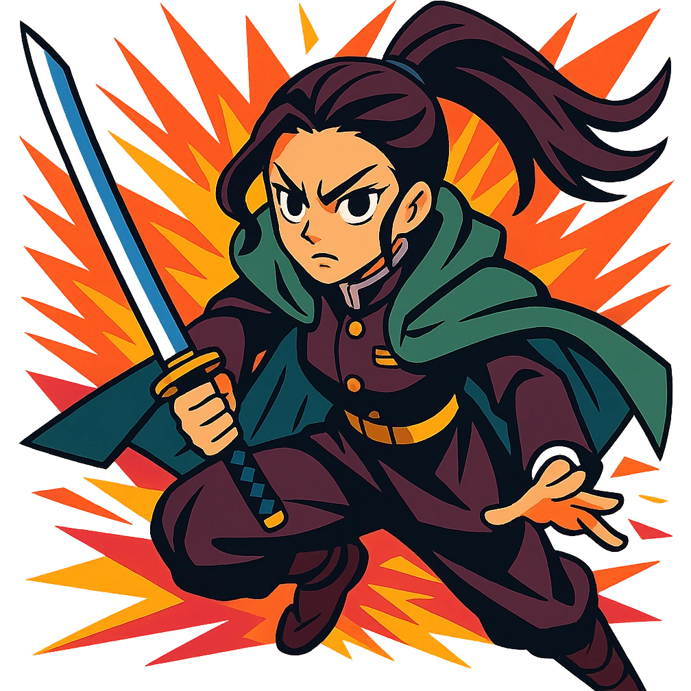 Tsuguko from Demon Slayer, action pose, dynamic background, intense look emoji