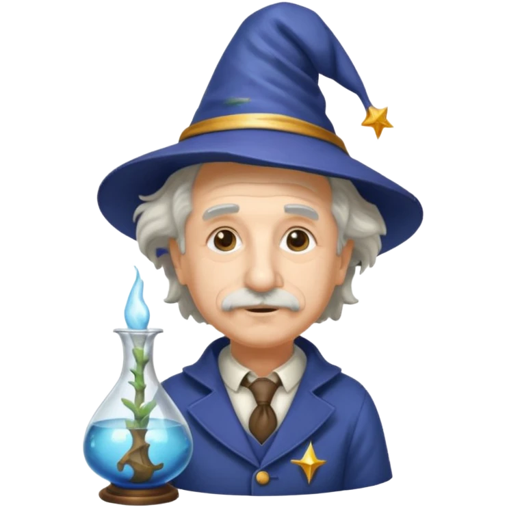 Albert Einstein, wearing wizard hat custome, with glass vase emoji