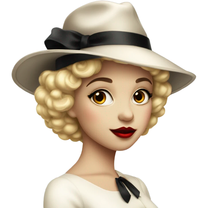 beautiful vintage girl white  in a hat black with red lipstick emoji
